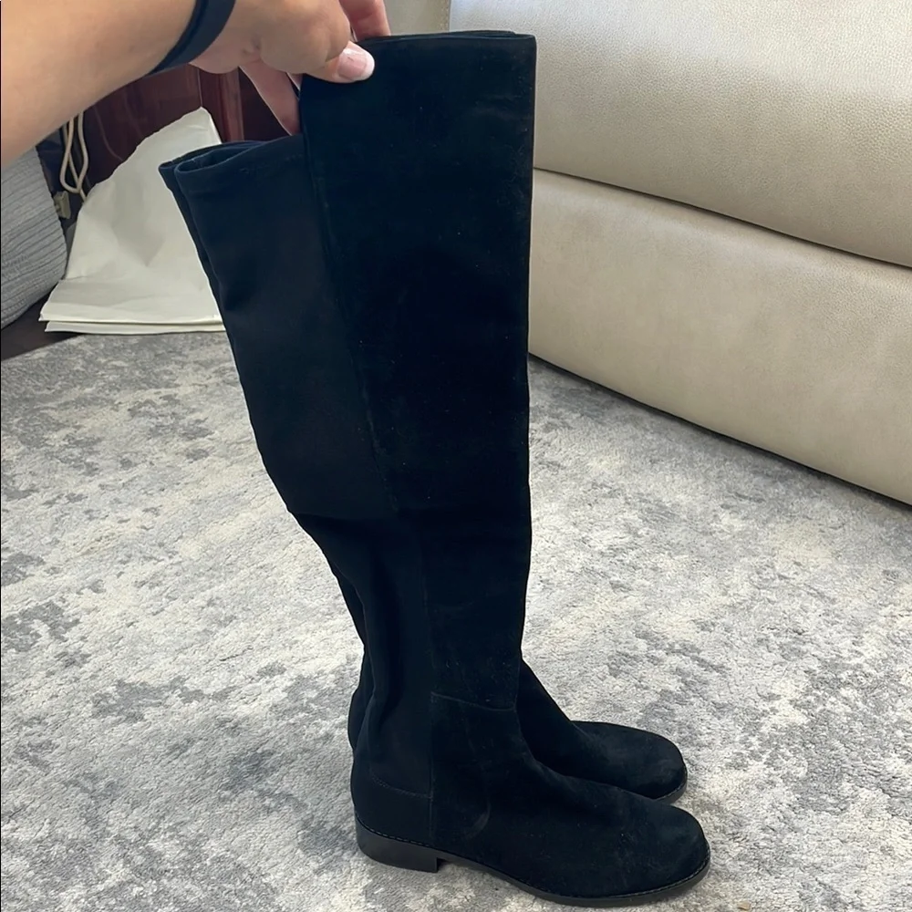 New Stuart Weitzman 5050 Suede Riding Boots Knee High Black Low Heel Sz 5.5